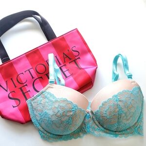 EUC Victoria's Secret Bra Dream Angel's Demi Lightly Lined Blue Pink Lace, 32D